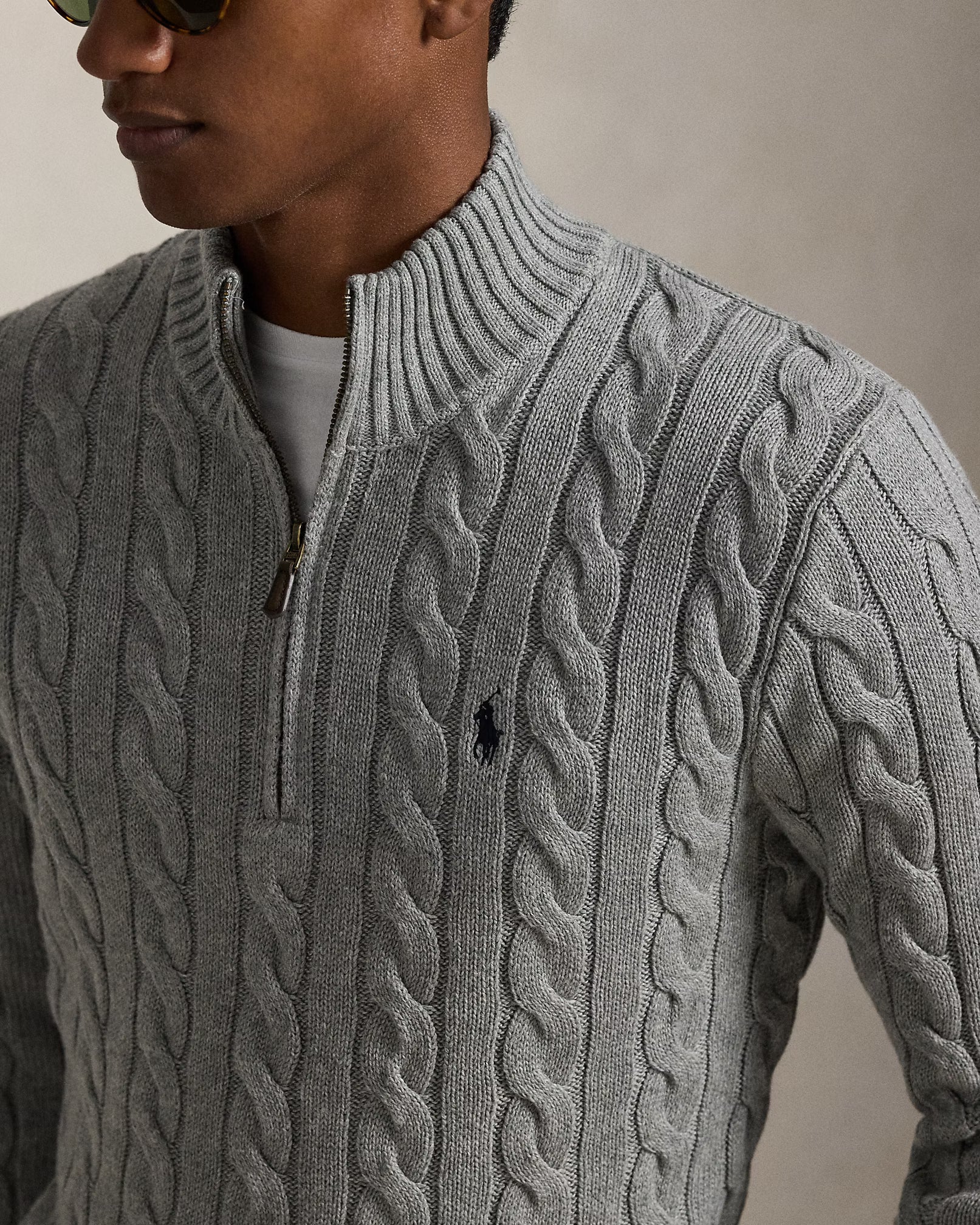 Cable-Knit Cotton Quarter-Zip Jumper - Fawn Grey Heather