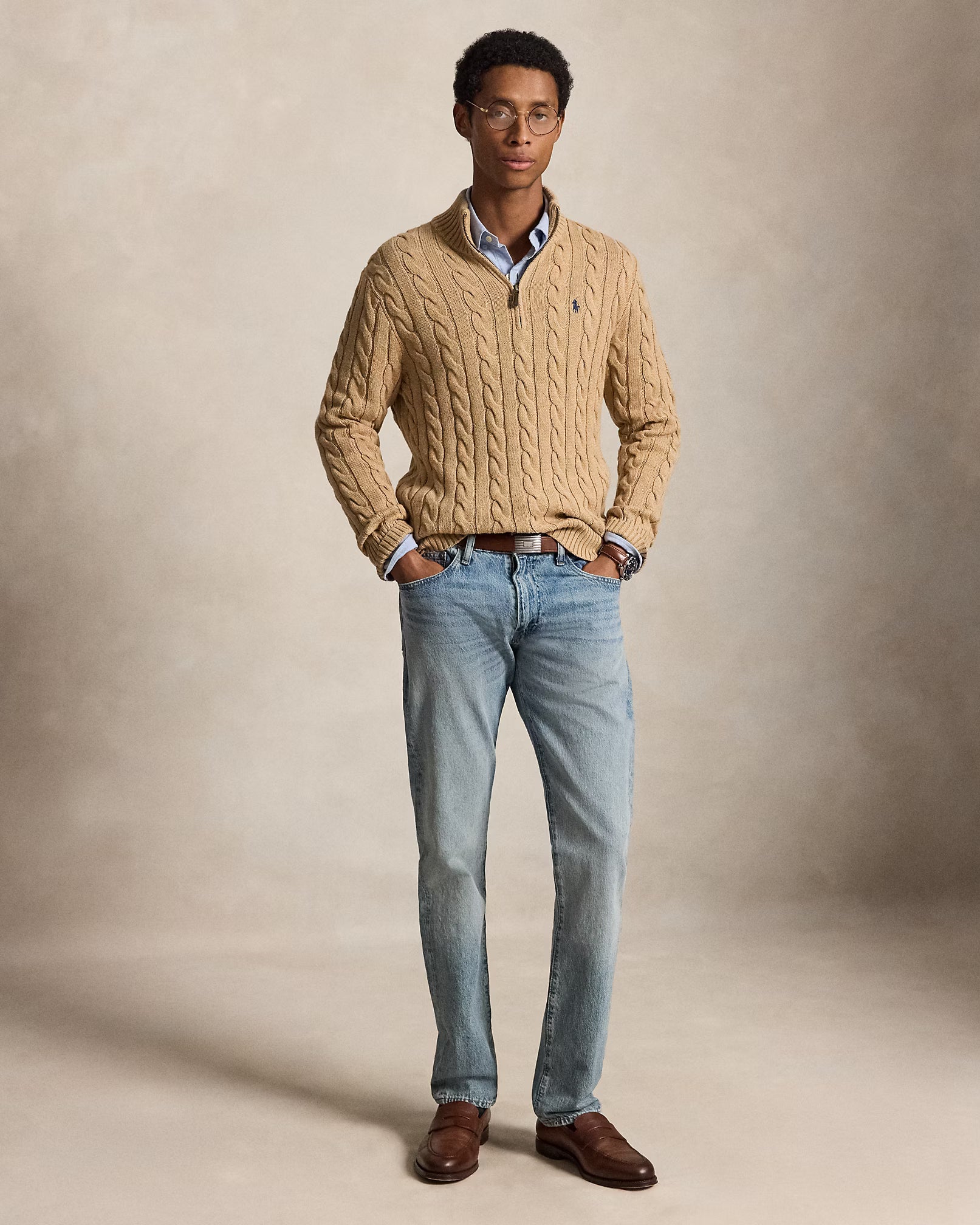 Cable-Knit Cotton Quarter-Zip Jumper - Camel Melange