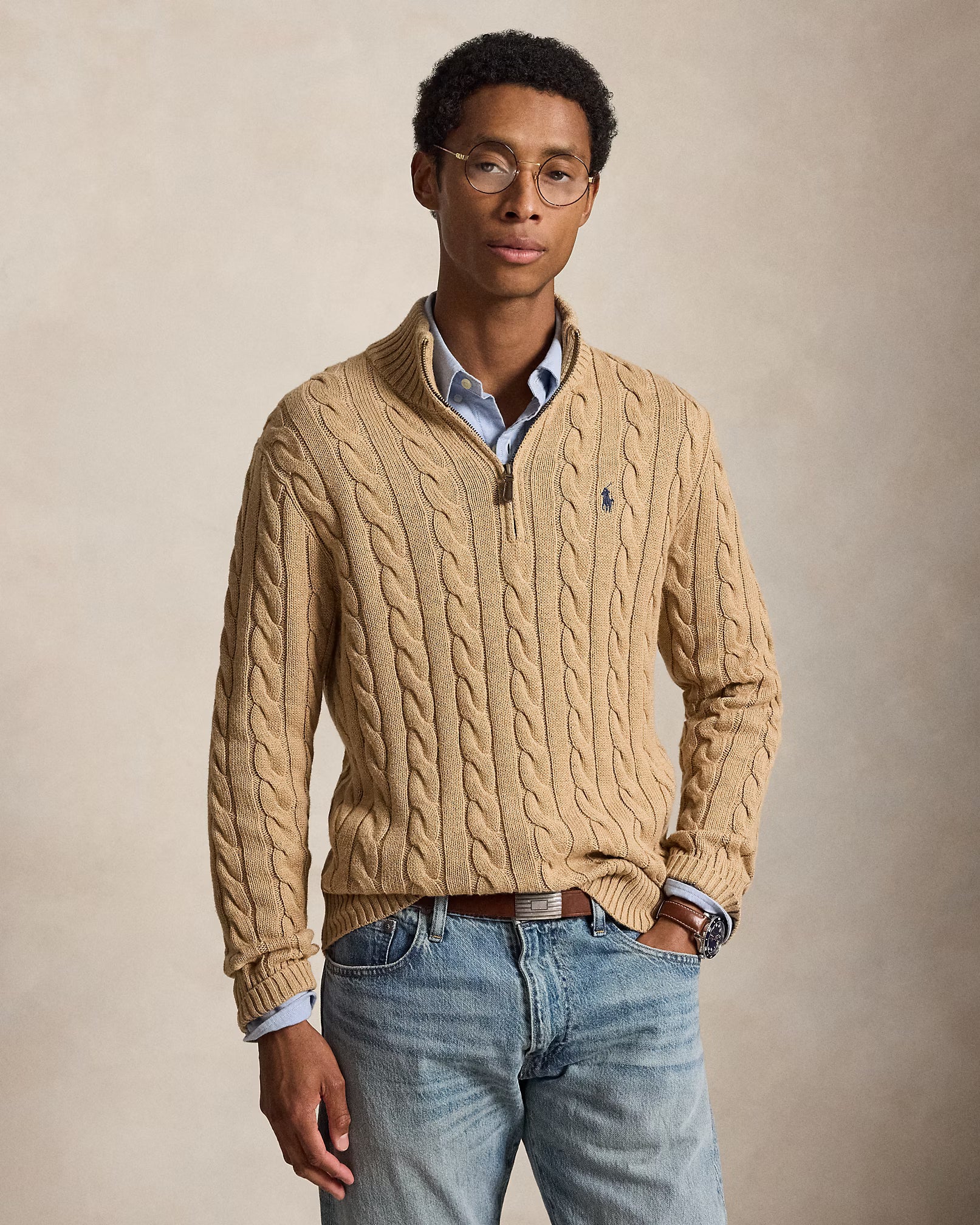 Cable-Knit Cotton Quarter-Zip Jumper - Camel Melange