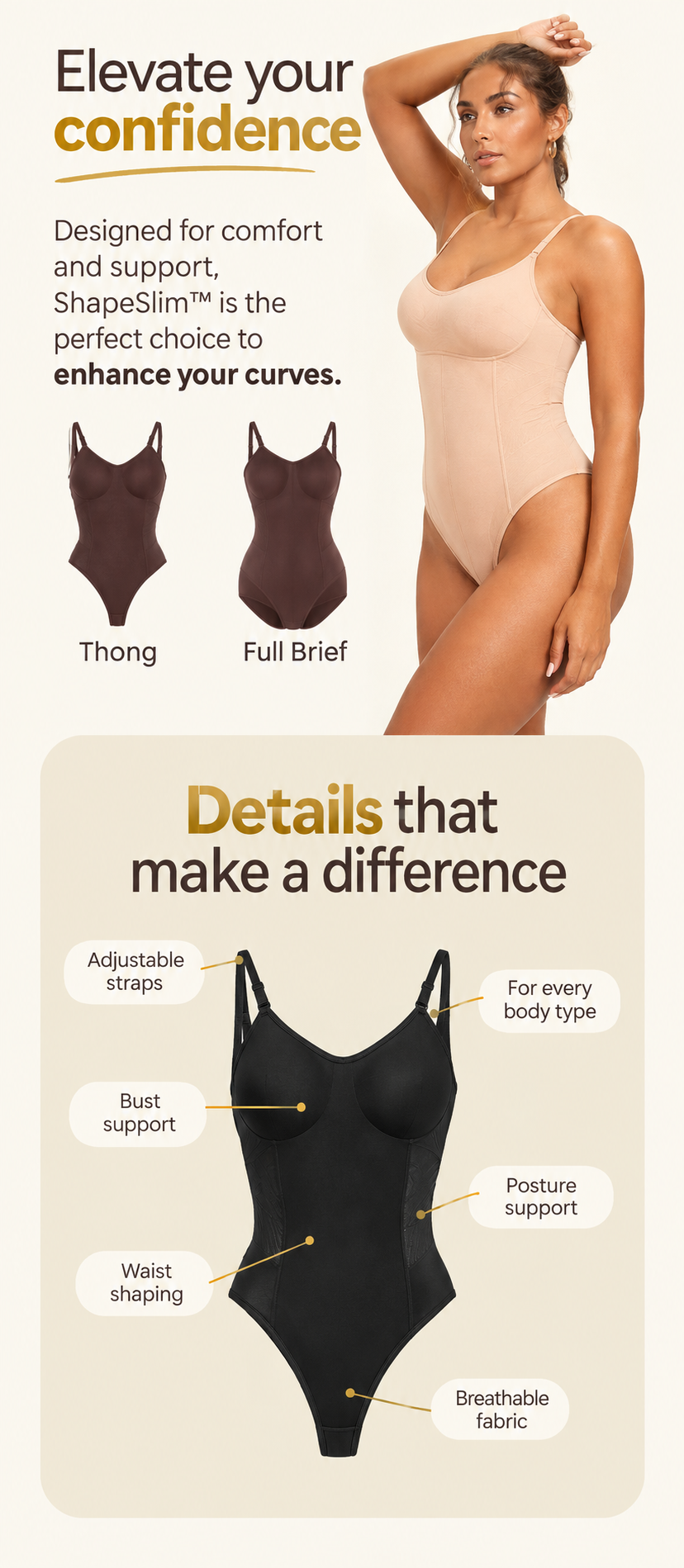 Thong and Full Brief styles, adjustable straps and shaping details.