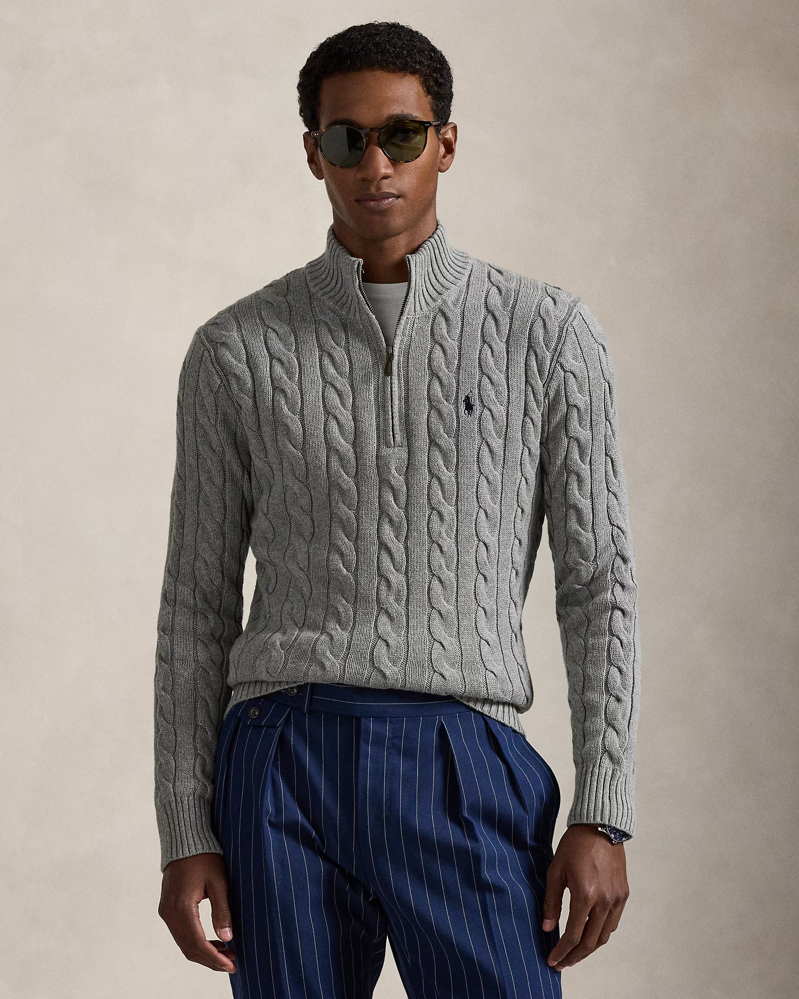 Cable-Knit Cotton Quarter-Zip Jumper - Fawn Grey Heather
