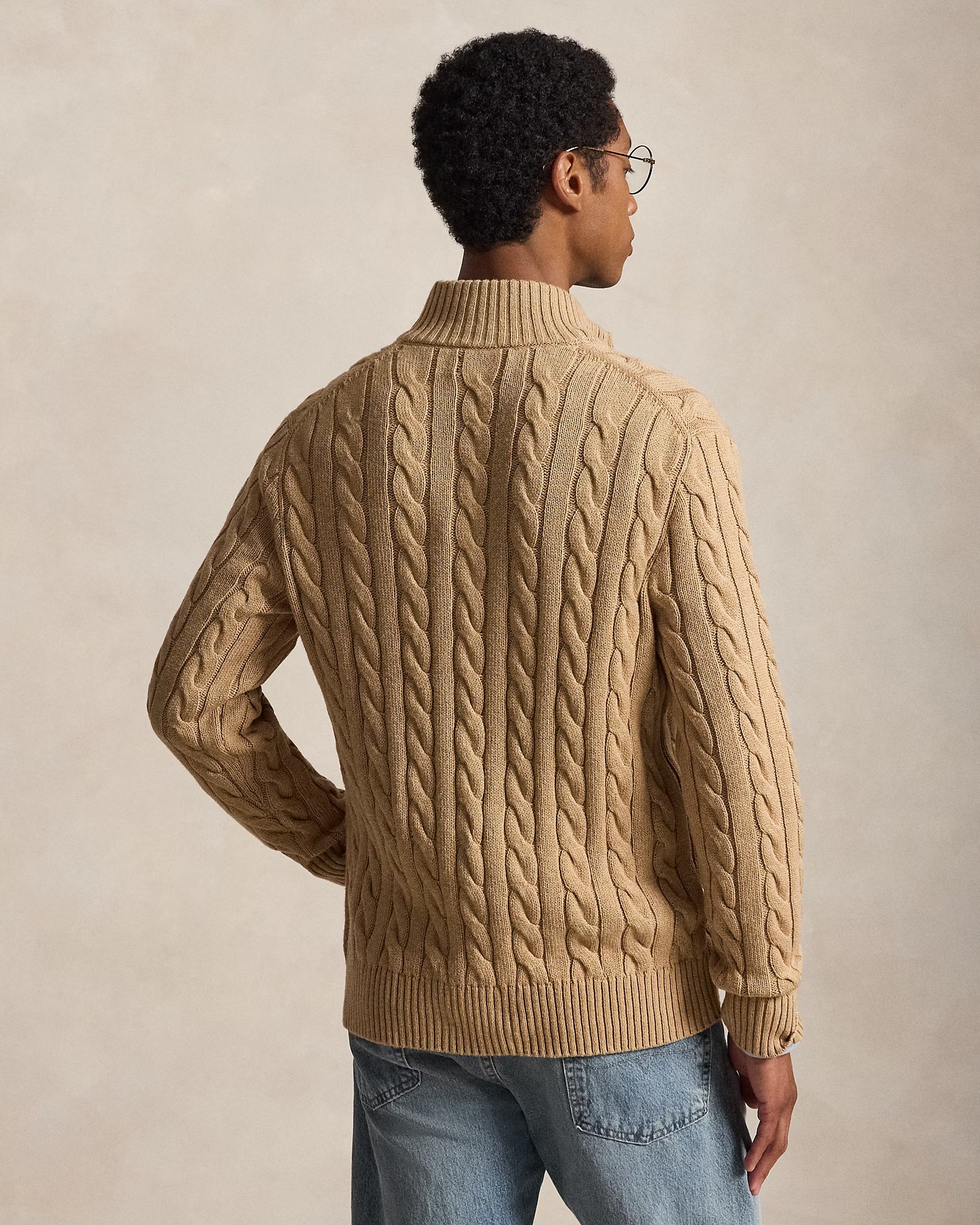Cable-Knit Cotton Quarter-Zip Jumper - Camel Melange