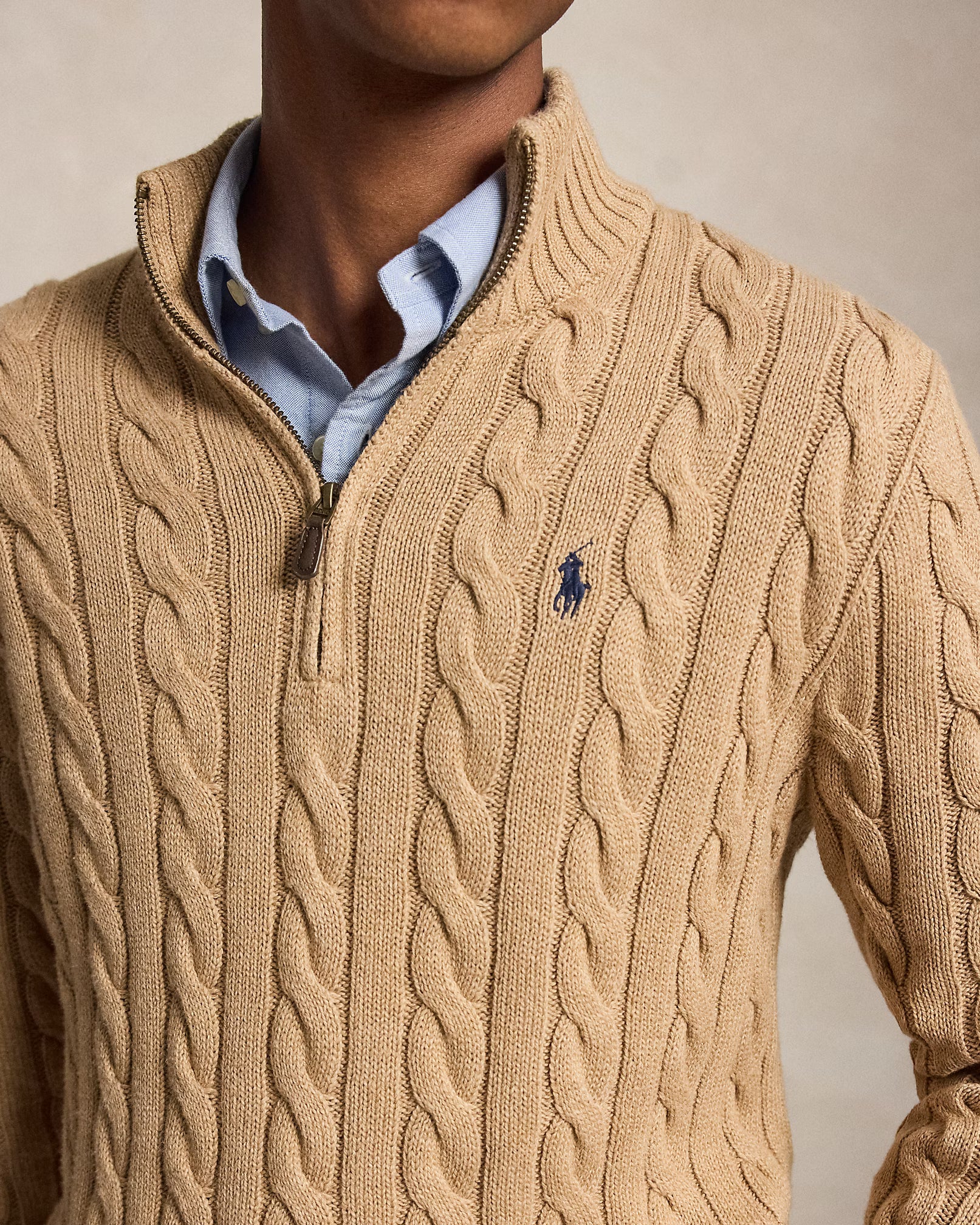 Cable-Knit Cotton Quarter-Zip Jumper - Camel Melange